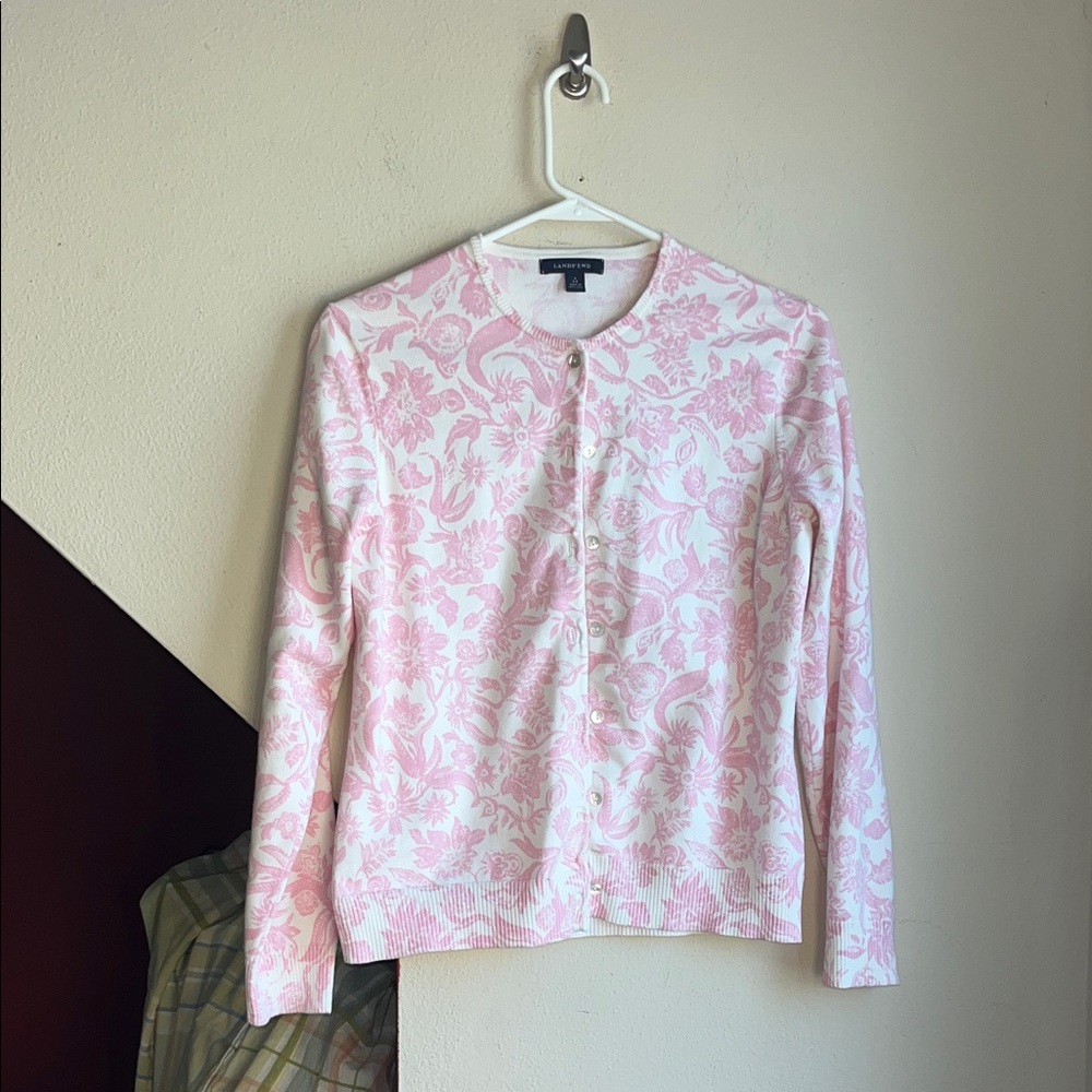 Lands' End Pink and White Floral Print Top S 6‎ 8